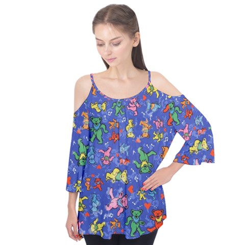 Grateful Dead Dancing Bears Pattern Flutter Sleeve T-shirt by Salmanaz77