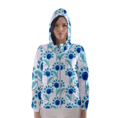 Blue Daisy Minimalist Leaves   Women s Hooded Windbreaker by ConteMonfrey