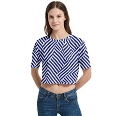 Blue And White Abstract Stripes Women s Round Neck Short Sleeve Crop Top by SpinnyChairDesigns