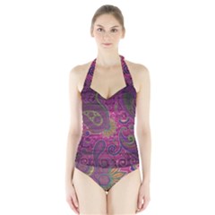 Abstract Purple Pattern Halter Swimsuit by Bedest