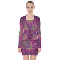 Abstract Purple Pattern V-neck Bodycon Long Sleeve Dress by Bedest