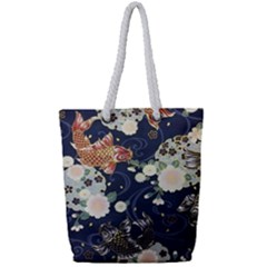 Japanese Wave Koi Illustration Pattern Full Print Rope Handle Tote (small) by Ndabl3x