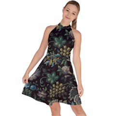 Pattern Flowers Plants Leaves Sleeveless Halter Neck A-line Dress by Posterlux