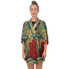 Pattern Shape Colorful Flower Leaves Half Sleeve Chiffon Kimono by Posterlux