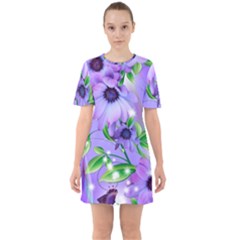 Purple Flower Nature Sixties Short Sleeve Mini Dress by Posterlux