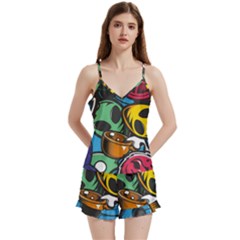 Funky Alien Pattern Abstract Colourful Drawing V-neck Satin Loungewear Set by Posterlux