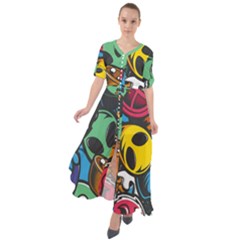 Funky Alien Pattern Abstract Colourful Drawing Waist Tie Boho Maxi Dress by Posterlux