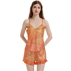 Abstract Texture Of Colorful Bright Pattern Of Transparent Leaves Of Orange And Yellow Color V-neck Satin Loungewear Set by Posterlux