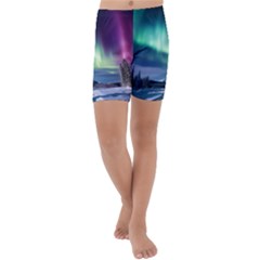 Northern Lights Aurora Night Nature Kids  Lightweight Velour Capri Yoga Leggings by Posterlux