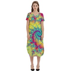 Fractal Spiral Abstract Background Vortex Yellow T-shirt Midi Dress With Pockets by Ket1n9