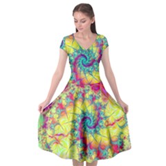 Fractal Spiral Abstract Background Vortex Yellow Cap Sleeve Wrap Front Dress by Ket1n9