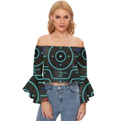 Retro Mobile Device Output Device Off Shoulder Flutter Bell Sleeve Top by Bedest