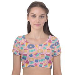 Ice Cream Donut Sweets Candie Velvet Short Sleeve Crop Top  by Apenda