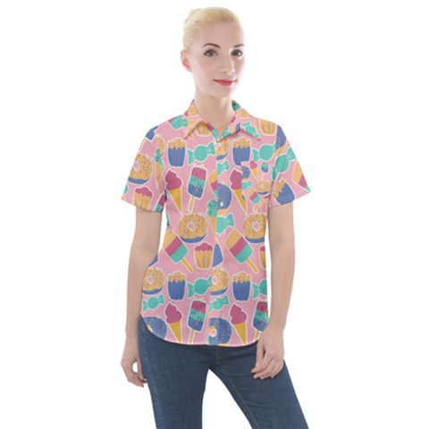 Ice Cream Donut Sweets Candie Women s Short Sleeve Pocket Shirt by Apenda