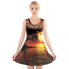 Sunset Nature Sea Dusk Landscape V-neck Sleeveless Dress by Salmanaz77