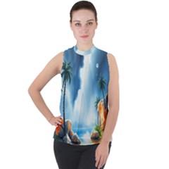 Delicate Watercolor Painting Surreal Oasis Scene With Intense Dramatic Lighting Mock Neck Chiffon Sleeveless Top by pollyparadiseartshop