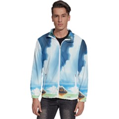 Delicate Watercolor Painting Surreal Oasis Scene With Intense Dramatic Lighting Men s High Neck Windbreaker by pollyparadiseartshop