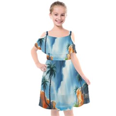 Delicate Watercolor Painting Surreal Oasis Scene With Intense Dramatic Lighting Kids  Cut Out Shoulders Chiffon Dress by pollyparadiseartshop