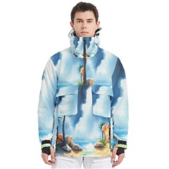 Delicate Watercolor Painting Surreal Oasis Scene With Intense Dramatic Lighting Men s Pullover Zip Ski And Snowboard Waterproof Breathable Jacket by pollyparadiseartshop