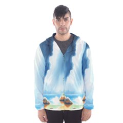 Delicate Watercolor Painting Surreal Oasis Scene With Intense Dramatic Lighting Men s Hooded Windbreaker by pollyparadiseartshop