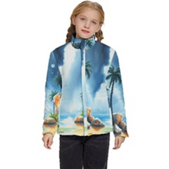 Delicate Watercolor Painting Surreal Oasis Scene With Intense Dramatic Lighting Kids  Puffer Bubble Jacket Coat by pollyparadiseartshop