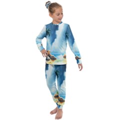 Delicate Watercolor Painting Surreal Oasis Scene With Intense Dramatic Lighting Kids  Long Sleeve Set  by pollyparadiseartshop