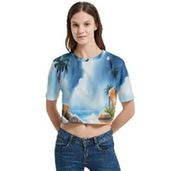 Delicate Watercolor Painting Surreal Oasis Scene With Intense Dramatic Lighting Women s Round Neck Short Sleeve Crop Top by pollyparadiseartshop