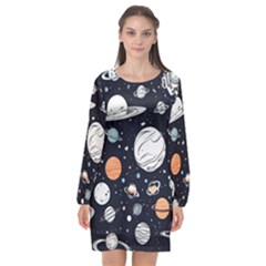 Space Galaxy Universe Stars Sky Long Sleeve Chiffon Shift Dress  by Paksenen