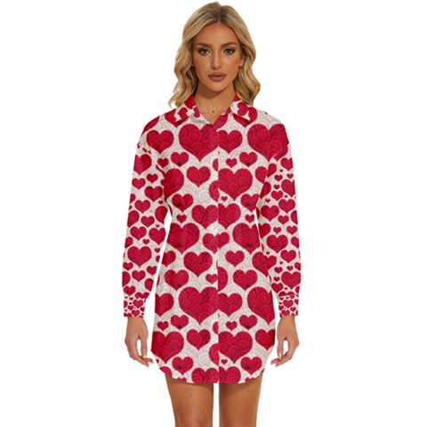 Hearts Valentine Pattern Seamless Womens Long Sleeve Shirt Dress by Bedest