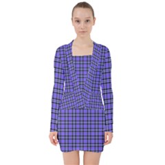 Blue Tartan Plaid 1 V-neck Bodycon Long Sleeve Dress by dressshop