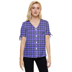 Blue Tartan Plaid 1 Bow Sleeve Button Up Top by dressshop