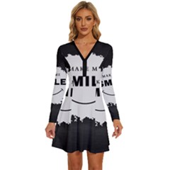 Black And White Simple Make Me Smile T Shirt 20250203 014057 0000 Long Sleeve Deep V Mini Dress  by Cowcow2005