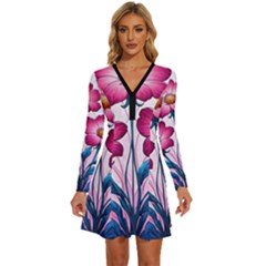 Fantasy Pink Flowers Stained Glass Long Sleeve Deep V Mini Dress  by Grandong