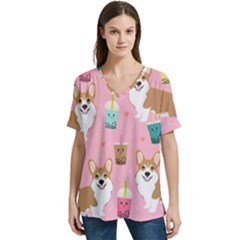 Corgi Bubble Boba Tea Pink Pattern V-neck Split Shoulder Casual T-shirt by Salmanaz77