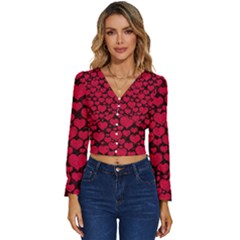 Valentines Day Hearts Pattern Love Red Long Sleeve V-neck Top by Maspions