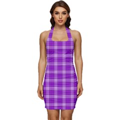 Purple Plaid Tartan 3 Sleeveless Wide Square Neckline Ruched Bodycon Dress by dressshop