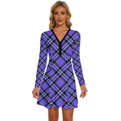 Blue Tartan Plaid 1 Diagonal Long Sleeve Deep V Mini Dress  by dressshop