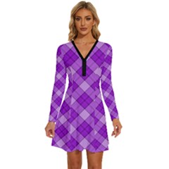 Purple Plaid Tartan 3 Diagonal (2) Long Sleeve Deep V Mini Dress  by dressshop