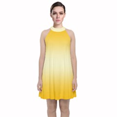 Amber Orange To Cream Yellow Bilinear Gradient Velvet Halter Neckline Dress  by GradientsOmbre