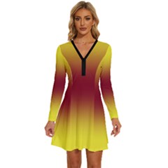 Electric Yellow To Burgundy Red Bilinear Gradient Long Sleeve Deep V Mini Dress  by GradientsOmbre