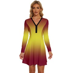 Burgundy Red To Electric Yellow Bilinear Gradient Long Sleeve Deep V Mini Dress  by GradientsOmbre