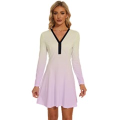 Cream Yellow To Pink Lace Linear Gradient Long Sleeve Deep V Mini Dress  by GradientsOmbre