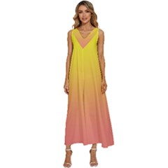 Electric Yellow To Coral Pink Linear Gradient V-neck Sleeveless Wide Leg Pants Overalls by GradientsOmbre