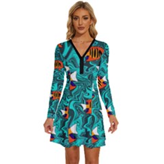 Flame Swirls Long Sleeve Deep V Mini Dress  by SeaworthyClothing