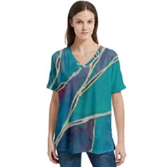 Aqua Batik, Abstract, Colorful V-neck Split Shoulder Casual T-shirt by kyorashop23