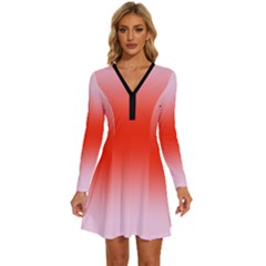 Pink Lace To Scarlet Red Bilinear Gradient Long Sleeve Deep V Mini Dress  by GradientsOmbre