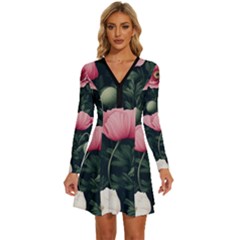 Poppy Flower Plant Petals Bloom Long Sleeve Deep V Mini Dress  by Grandong