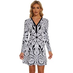 Seamless Tiling Pattern Hand Drawn Black White Long Sleeve Deep V Mini Dress  by Grandong