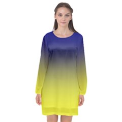 Navy Blue To Electric Yellow Linear Gradient Long Sleeve Chiffon Shift Dress  by GradientsOmbre