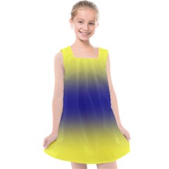 Electric Yellow To Navy Blue Bilinear Gradient Kids  Cross Back Dress by GradientsOmbre